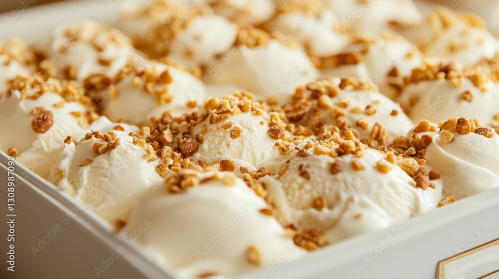 Creamy vanilla ice cream topped with crunchy nuts, served in a rectangular dish, perfect for desserts and indulgent treats. Creamy vanilla ice cream topped with crunchy nuts, served in a rectangular dish, perfect for desserts and indulgent treats.