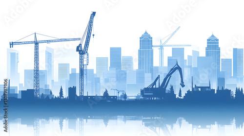 A blue silhouette of buildings and construction cranes on white background vector illustration
