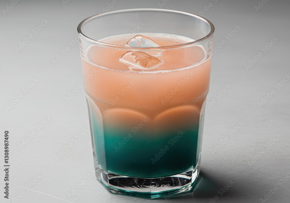 Refreshing two-toned drink with ice in a glass on a gray background Refreshing two-toned drink with ice in a glass on a gray background