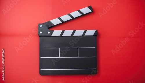 A classic movie clapperboard against a vibrant red background, symbolizing film production.