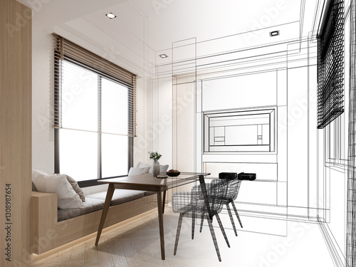 modern dining room interior design ,3d rendering
