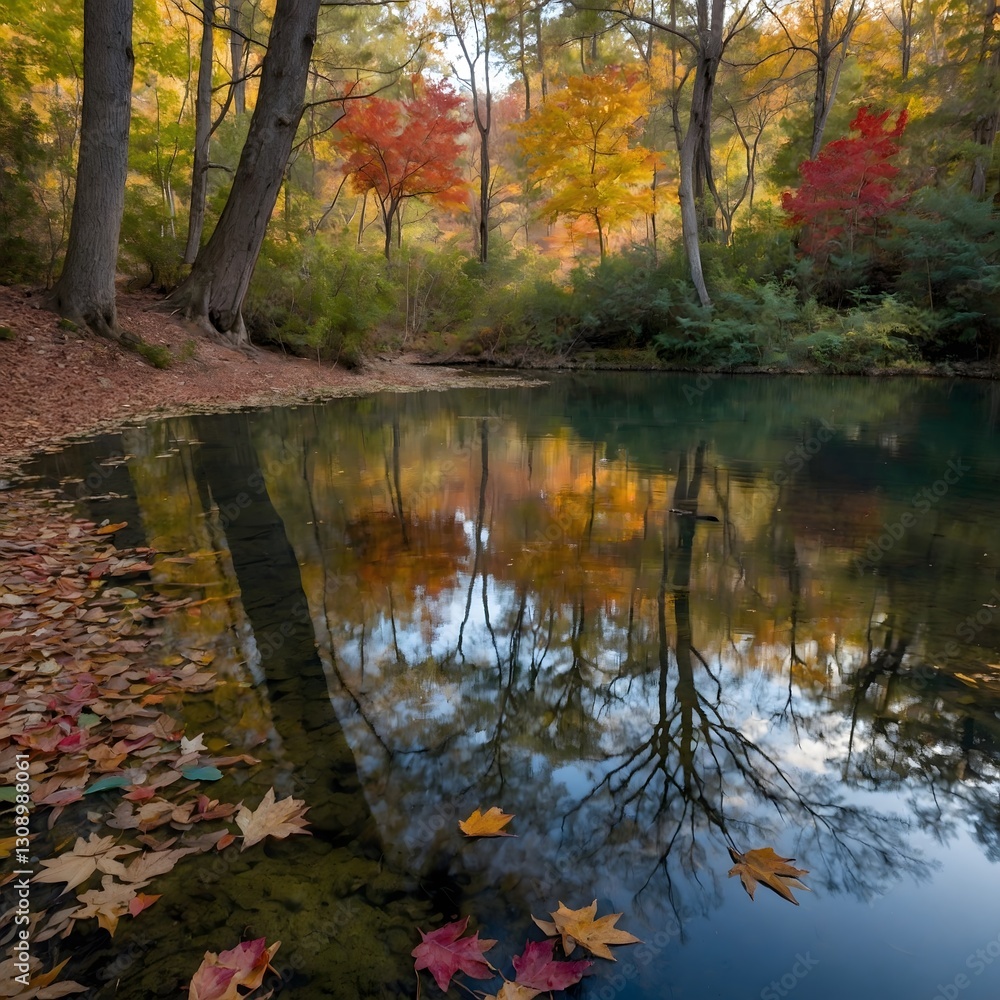 Fototapeta premium Sunshine and Stillness: A Tranquil Pond in Autumn’s Glow