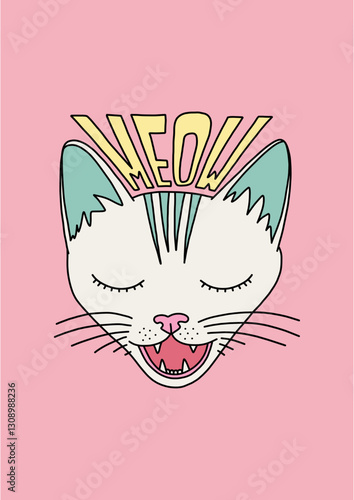 Cute Sleeping Cat with Meow Text Illustration