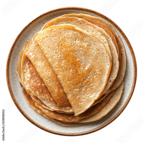 Delicious stack of freshly made crepes arranged in a circular pattern on a plate, perfect for a comforting breakfast or brunch, showcasing golden crispy edges and soft center