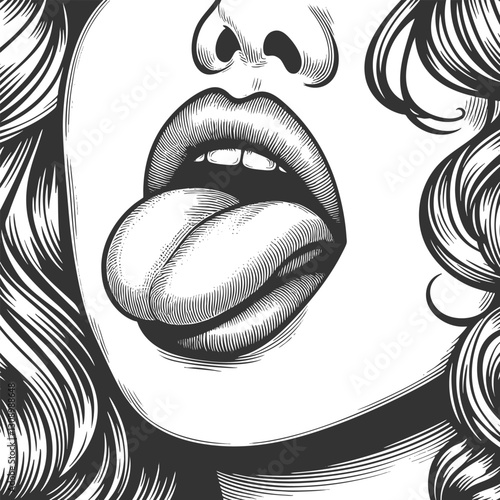 woman lips and tongue in a bold, expressive pose sketch engraving generative ai fictional character vector illustration. Scratch board imitation. Black and white image.