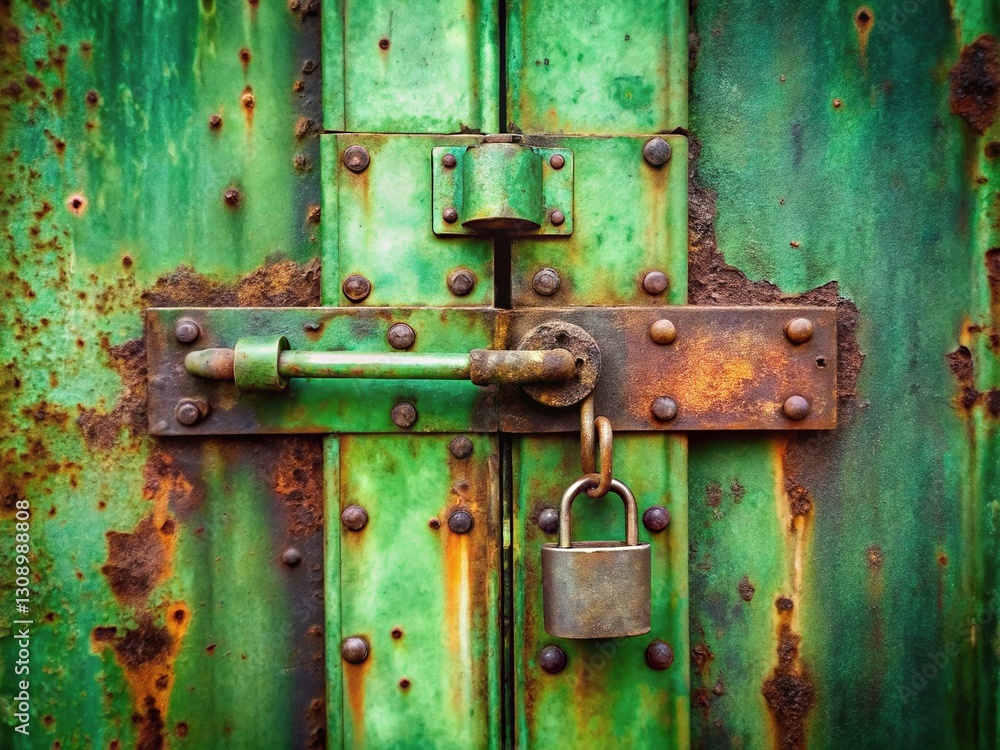 Rusty Green Door with Metal Lock - Detailed Closeup Rusty Green Door with Metal Lock - Detailed Closeup
