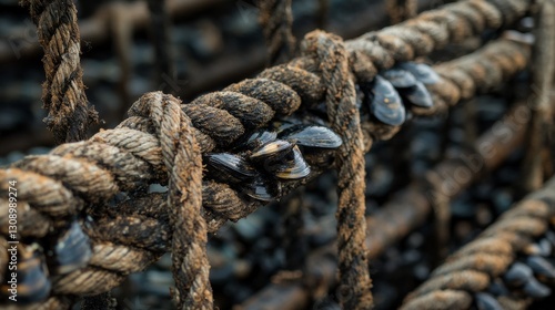 A detailed close-up shot of mussels attached to weathered ropes in a marine farming environment. The rustic textures and natural colors highlight the agricultural process, ideal for marine farming