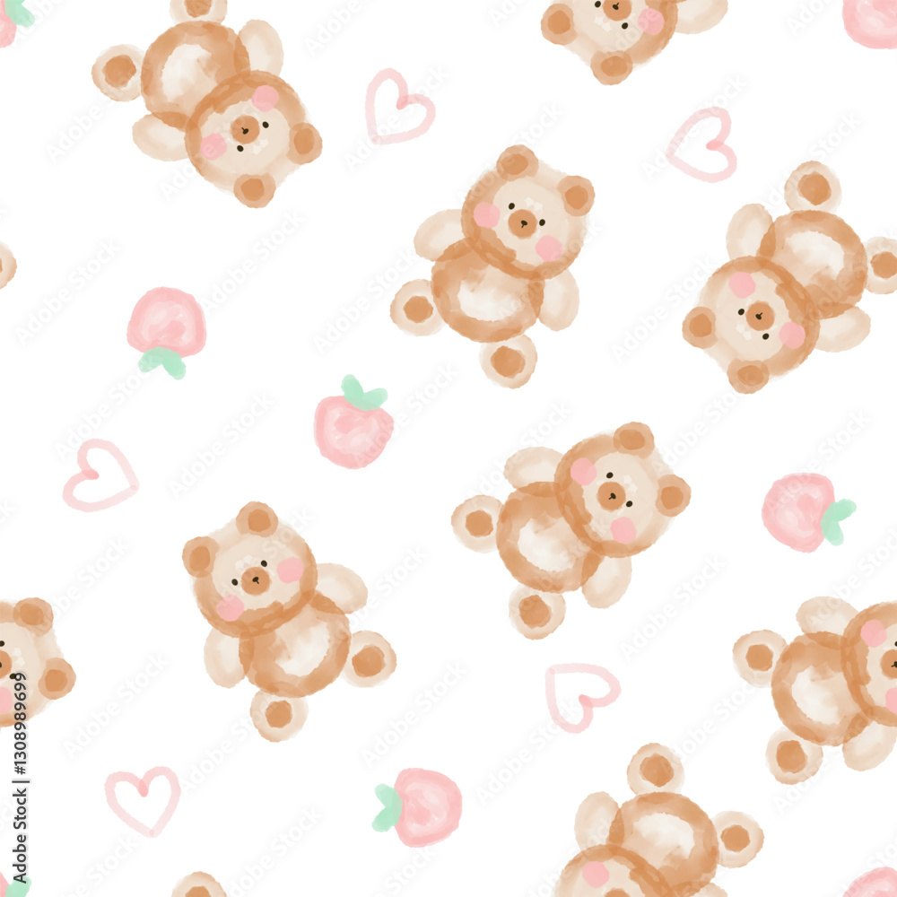 watercolor hand drawn brown teddy bear with pink hearts and strawberry on a white background, seamless pattern watercolor hand drawn brown teddy bear with pink hearts and strawberry on a white background, seamless pattern