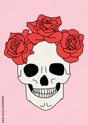 Vector illustration of a Halloween Skull Decorated with a Flower Crown of Red Roses on Pink Background. Creative Concept for Magic Surreal Atmosphere Witch Ritual