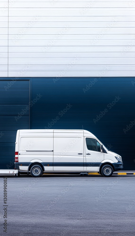 Side view of a delivery van on a loading dock by a modern warehouse with text space available Side view of a delivery van on a loading dock by a modern warehouse with text space available