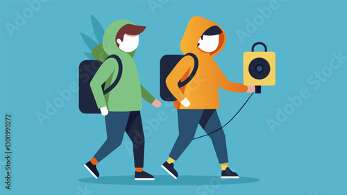 Two friends strut together one wearing a hoodie with builtin speakers and the other with a backpack that doubles as a charging station.. Vector illustration