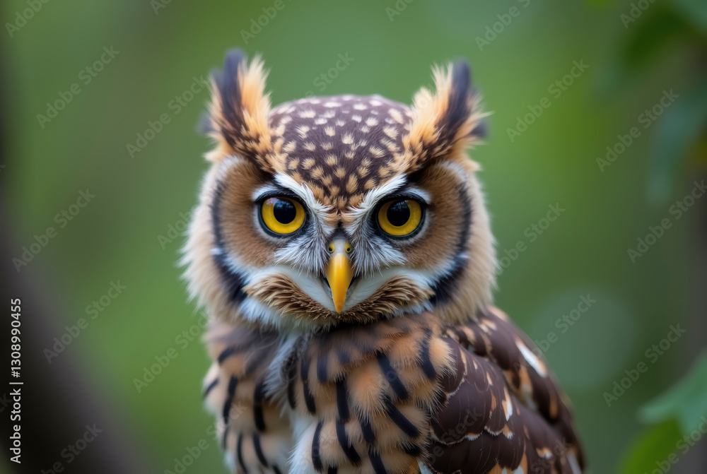 A close-up of an owl with distinct facial markings, perched and looking directly at the camera. A close-up of an owl with distinct facial markings, perched and looking directly at the camera.