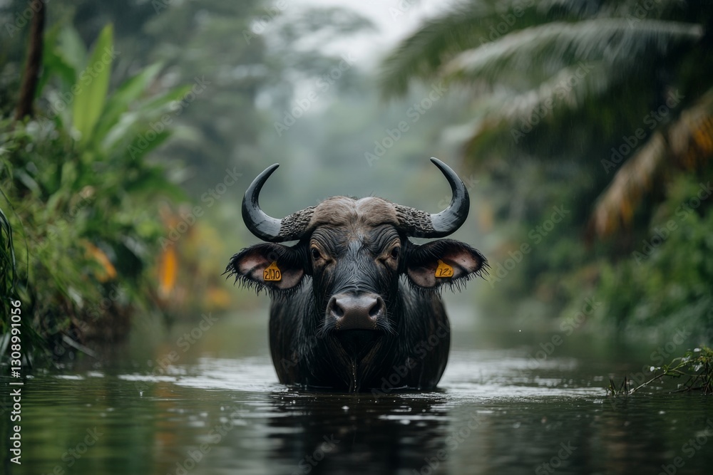 Naklejka premium A water buffalo standing in a shallow river on a hot day, with lush greenery surrounding the water