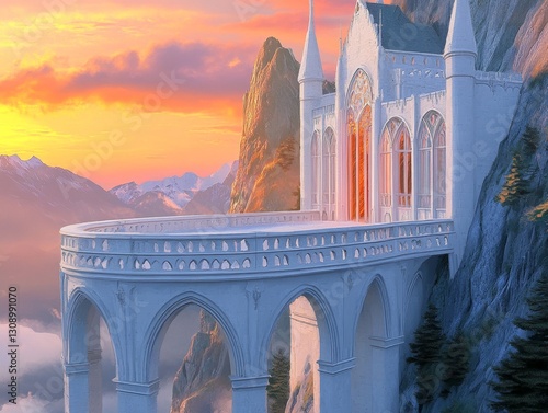 Concept art of a white stone wall that forms an endless circular balcony in front of an elven castle, featuring elvish architecture in a fantasy setting with a beautiful landscape and a sunset
