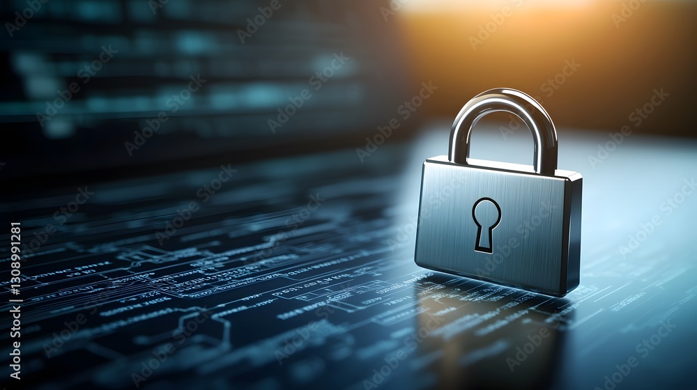 Fototapeta premium A close-up of a metallic padlock on a digital background, symbolizing cybersecurity and data protection in the modern era.