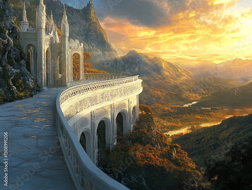 Concept art of a white stone wall that forms an endless circular balcony in front of an elven castle, featuring elvish architecture in a fantasy setting with a beautiful landscape and a sunset
