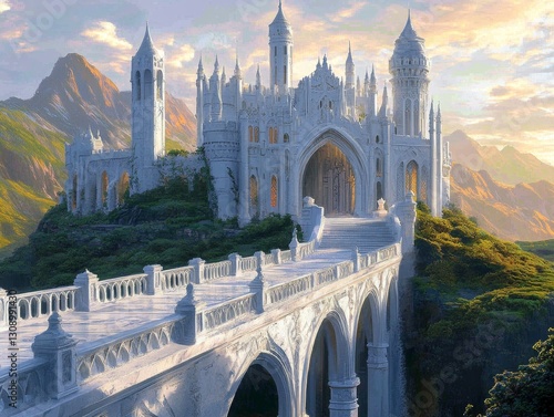 Concept art of the white marble Elven city walls, fantasy architecture with large arches and towers