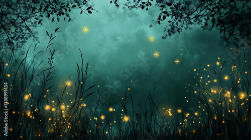 Dark Forest Scene with Glowing Fireflies against a Teal Sky Surrounded by Silhouetted Branches and Green Grass