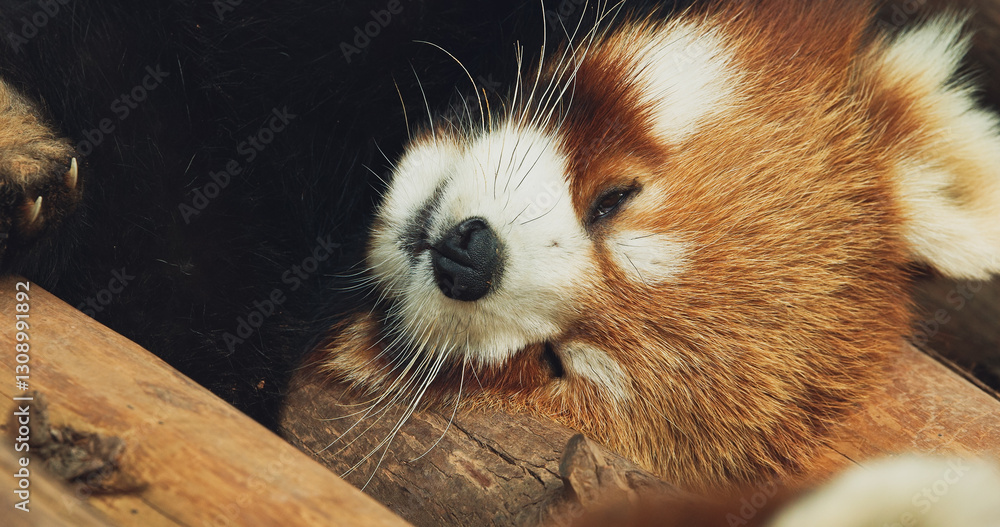 Cute Red Panda Face Close-up View. Red Panda Sleep And Brushes Off Insects. Ailurus Fulgens Or Lesser Panda Is Small Mammal Native To The Eastern Himalayas And Southwestern China. Red Pandas Are Also