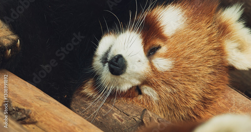 Obraz na płótnie Cute Red Panda Face Close-up View. Red Panda Sleep And Brushes Off Insects. Ailurus Fulgens Or Lesser Panda Is Small Mammal Native To The Eastern Himalayas And Southwestern China. Red Pandas Are Also w salonie