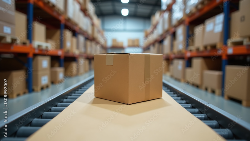 boxes slide slowly across warehouse conveyor belt made sturdy cardboard boxes slide slowly across warehouse conveyor belt made sturdy cardboard