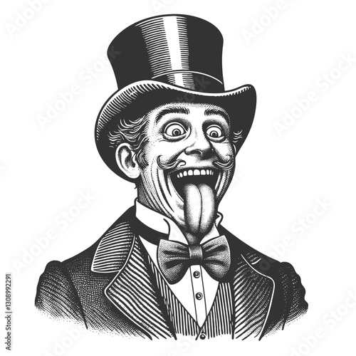 Silly stupid facial expression gentleman with curled mustache and top hat sticking out his tongue sketch engraving generative ai vector illustration. Scratch board imitation. Black and white image.
