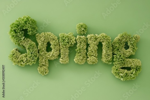 Creative Food Typography Spelling Spring Using Vibrant Green Ingredients in a Fresh, Playful Arrangement