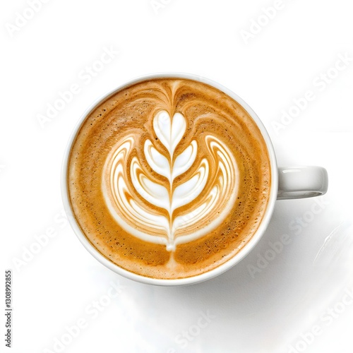 Elegant Latte Art in a White Cup on Rustic Wooden Table – Top-Down View of a Beautiful Coffee Design