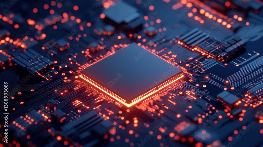 close up of electronic circuit board,A glowing chip with an electronic circuit board background, 3D rendering, dark blue and light red tones, close-up shots of the chip. close up of electronic circuit board,A glowing chip with an electronic circuit board background, 3D rendering, dark blue and light red tones, close-up shots of the chip.