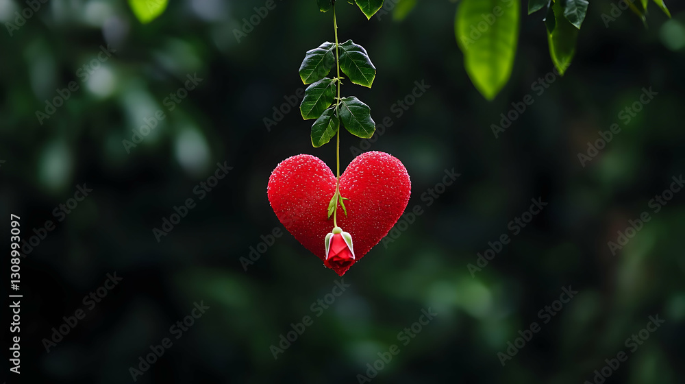 Red Heart Shaped Decoration with Rose Suspended on Green Foliage with Water Droplets Red Heart Shaped Decoration with Rose Suspended on Green Foliage with Water Droplets