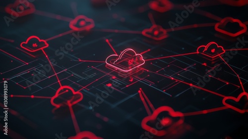 A glowing red cloud icon stands out in a dark network of connected clouds, symbolizing cloud computing and digital data systems. The abstract image evokes modern technology and data infrastructure