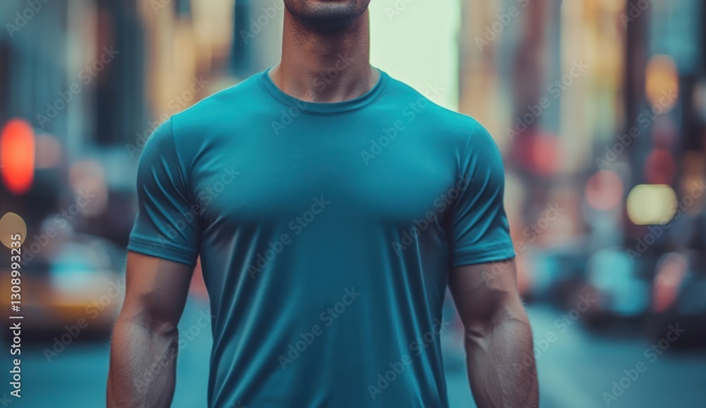 Plain t-shirt mockup on an attractive, fit man walking through a city street. The smooth shirt glistens in sunlight with a clean and minimal design focus Plain t-shirt mockup on an attractive, fit man walking through a city street. The smooth shirt glistens in sunlight with a clean and minimal design focus