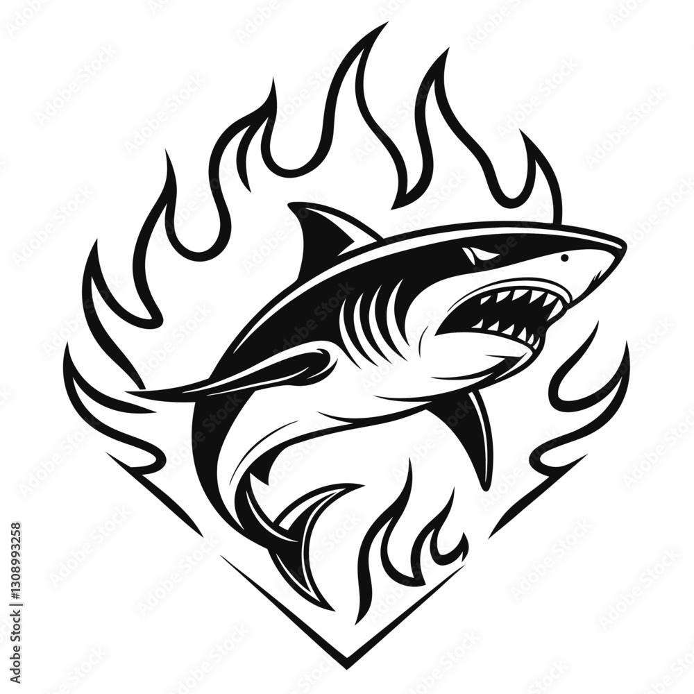 Fierce danger shark with flames, perfect for bold tattoo designs. Fierce danger shark with flames, perfect for bold tattoo designs.