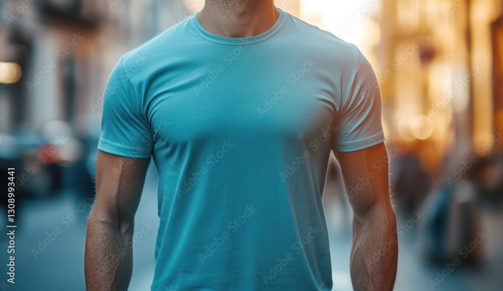 Plain t-shirt mockup on an attractive, fit man walking through a city street. The smooth shirt glistens in sunlight with a clean and minimal design focus Plain t-shirt mockup on an attractive, fit man walking through a city street. The smooth shirt glistens in sunlight with a clean and minimal design focus