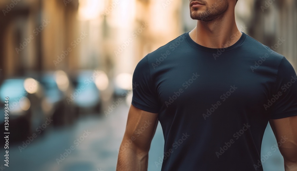 Plain t-shirt mockup on an attractive, fit man walking through a city street. The smooth shirt glistens in sunlight with a clean and minimal design focus Plain t-shirt mockup on an attractive, fit man walking through a city street. The smooth shirt glistens in sunlight with a clean and minimal design focus