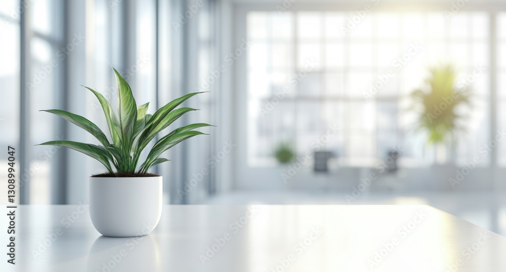 A white, modern office interior with plants in the foreground, blurred desks and chairs behind it. A white, modern office interior with plants in the foreground, blurred desks and chairs behind it.