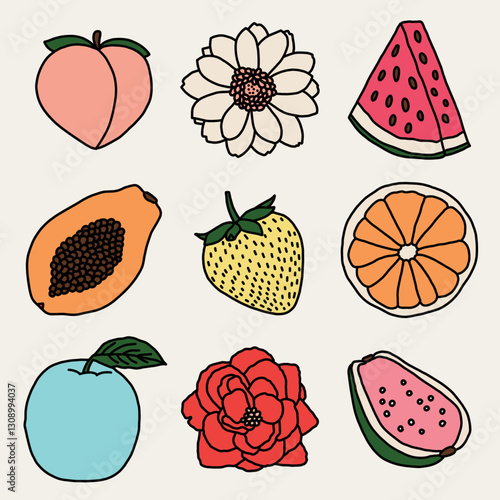 Whimsical Fruit Icons: Peach, Watermelon, Orange