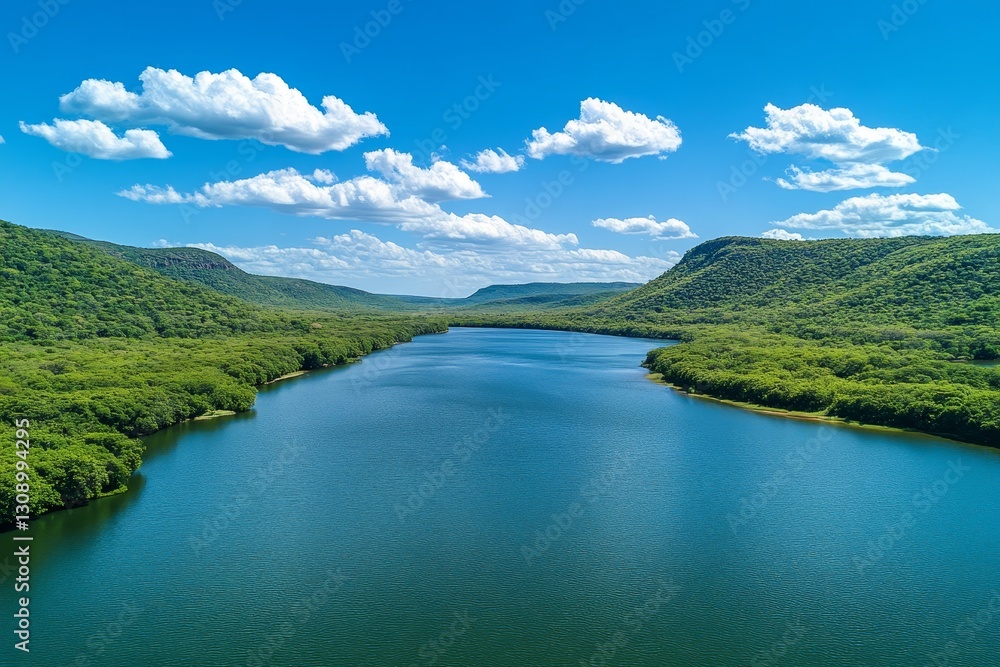 Stunning panoramic view of a summer river surrounded by green forest and hills under blue skies Stunning panoramic view of a summer river surrounded by green forest and hills under blue skies