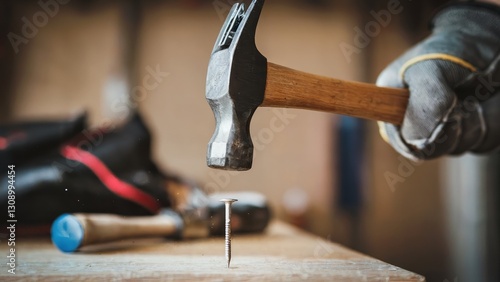 A man is hammering a nail into a piece of wood. The hammer is black and the nail is silver