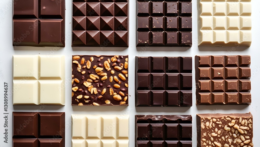 Several chocolate bars arranged in a grid on a white background. Chocolate comes in a variety of types and textures, such as smooth milk chocolate, dark chocolate, and white chocolate. Several chocolate bars arranged in a grid on a white background. Chocolate comes in a variety of types and textures, such as smooth milk chocolate, dark chocolate, and white chocolate.