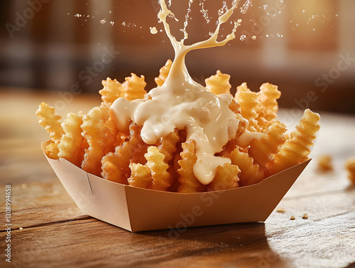 golden, crispy crinkle-cut fries sits on a wooden table. The smooth, creamy mayo, is poured over tghe fries and dripping from sides with lots of enhancing their texture and appeal photo