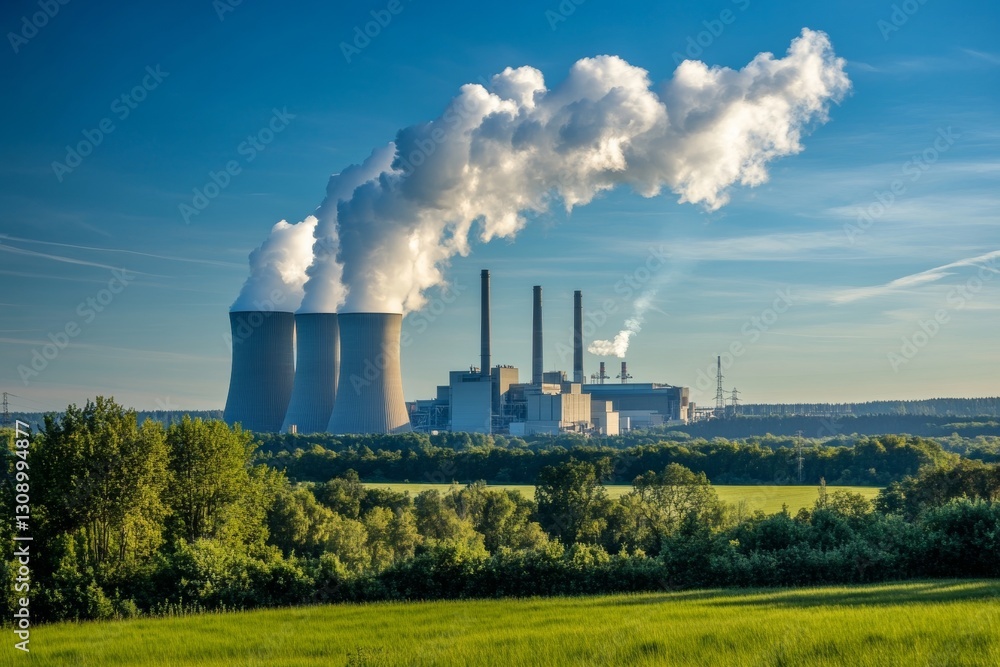 Distant view of a power plant emitting white smoke against a clear blue sky and lush green forest Distant view of a power plant emitting white smoke against a clear blue sky and lush green forest
