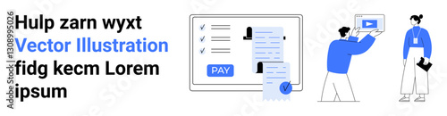 Digital payment checklists with a pay button, multimedia creation on a tablet, and two people collaborating. Ideal for teamwork, finance, tech, creativity, education, planning abstract line flat