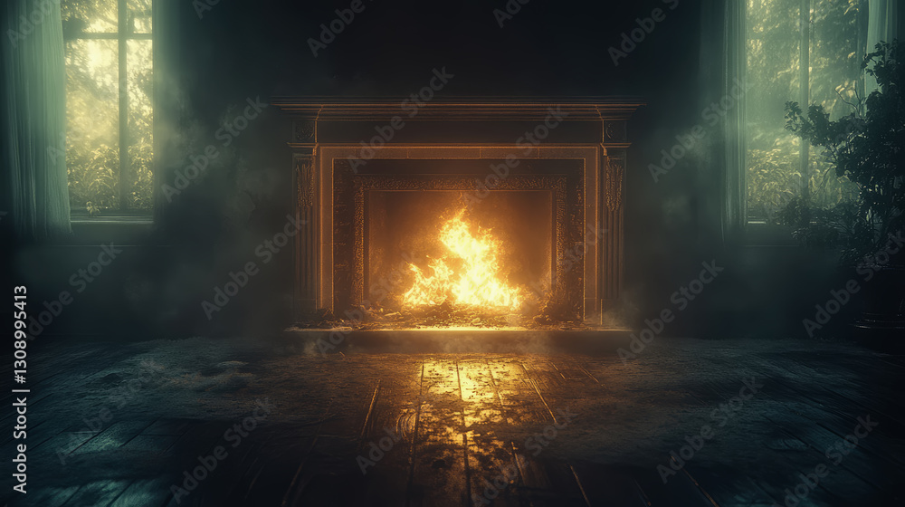 Fototapeta premium Winter Warmth: Fireplace Radiating Comfort on a Cold Evening, Interior Ambiance