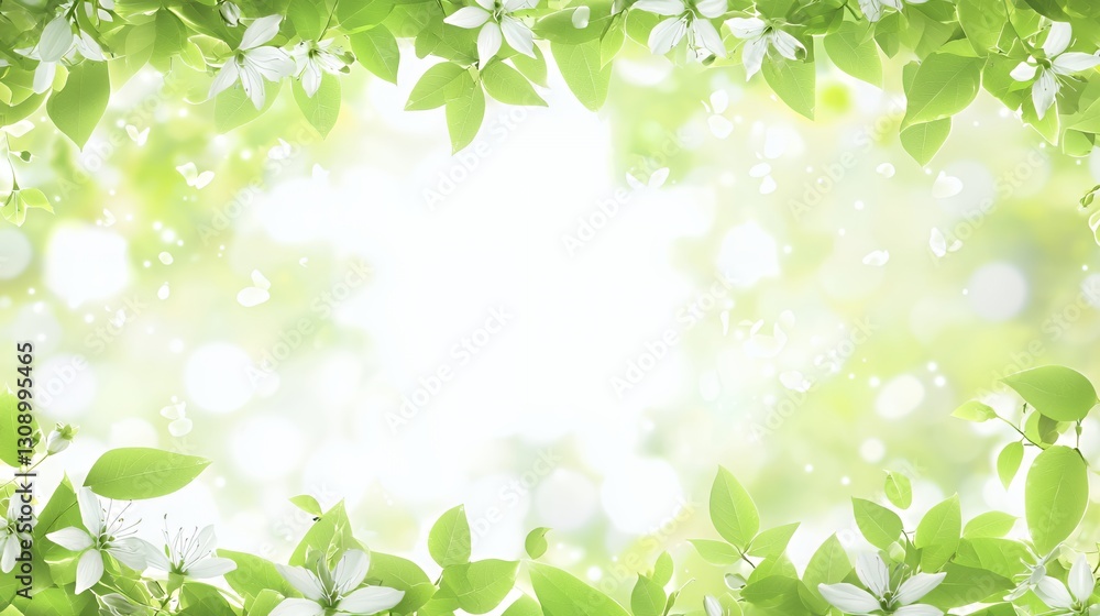 Bright Green Leaves and White Blossoms Frame Spring Background Bright Green Leaves and White Blossoms Frame Spring Background