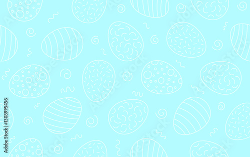 Decorated linear seamless pattern with Easter eggs. Egg in flat hand drawn style on blue color background. Festive traditional meal decorated eggs. Vector illustration