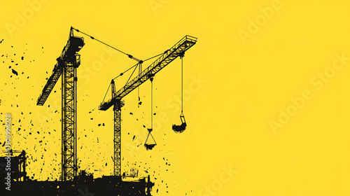 A yellow and white background with black and white stripes, featuring silhouettes of two cranes
