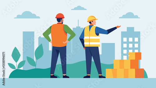 Two builders standing at the edge of a construction site pointing at completed sections and planning the next stage of work.. Vector illustration