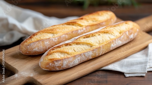 Freshly baked artisan bread loaves resting on a wooden cutting board in a cozy kitchen setting photo