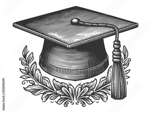 mortarboard traditional graduation cap with tassel, surrounded by laurel leaves, symbolizing academic achievement and success sketch engraving generative ai vector illustration. Black and white.